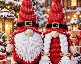 May include: Two crocheted gnome figures wearing tall red hats with black belts and gold-colored buckles. One gnome has a long white beard, while the other features two long white braided pigtails tied with gold-colored bows. Both have beige faces.