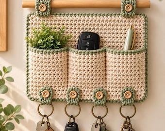 May include: A wall-mounted crochet organizer featuring a cream-colored rectangular body with three pockets, trimmed in sage green. It includes a wooden dowel, a braided hanging cord, and four sage green tabs with wooden buttons holding metal key rings.
