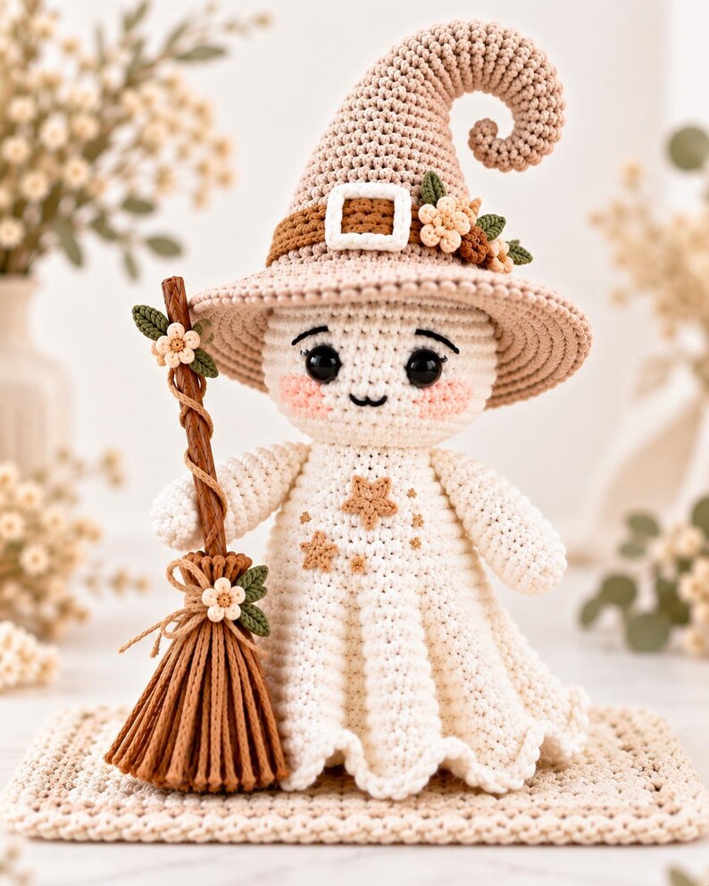 May include: A crocheted ghost doll wearing a beige pointed hat with a brown band, a white buckle, and small flowers. The ghost has black eyes, pink cheeks, and a brown broom with flowers. The body is white with small brown star appliques.