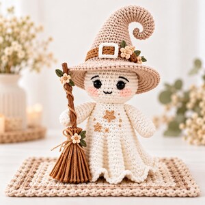 May include: A crocheted ghost doll wearing a beige pointed hat with a white buckle and small flowers. The ghost has black eyes, pink cheeks, and a white dress decorated with beige stars. It holds a brown yarn broom adorned with a small flower.