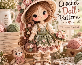 May include: A crochet doll with brown hair, wearing a wide-brimmed hat with flowers, a green floral dress, and brown shoes. The doll holds a small bouquet and a purse. Beside it sits a small crochet teddy bear. Text reads: Crochet Doll Pattern.