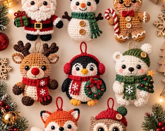 May include: A collection of eight crocheted Christmas ornaments featuring a Santa Claus, a snowman, a gingerbread person, a reindeer, a penguin, a polar bear, a fox, and an owl, each with a hanging loop and festive winter accessories.