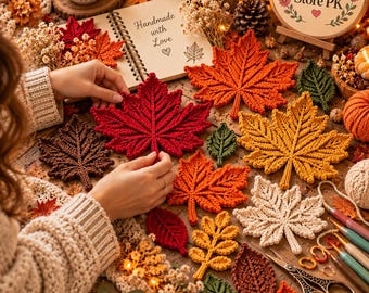 May include: A collection of crocheted autumn leaves in shades of red, orange, yellow, brown, and cream, arranged alongside a notebook with the text Handmade with Love, a wooden embroidery hoop with the text Corner Store PK, and metal scissors.