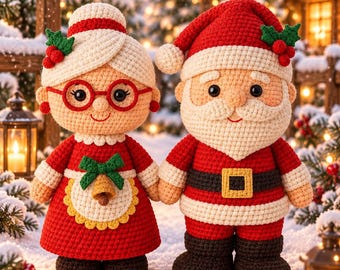 May include: Two crochet dolls representing Santa Claus and Mrs. Claus. The female doll has white hair, red glasses, and a red dress with a white apron and bell. The male doll wears a red hat, red coat with a black belt, and dark brown boots.