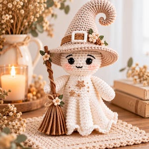 May include: A crocheted ghost doll wearing a beige pointed witch hat with a brown belt and small flowers. The ghost has a white body with embroidered brown stars and holds a brown yarn broomstick decorated with a small flower and green leaves.
