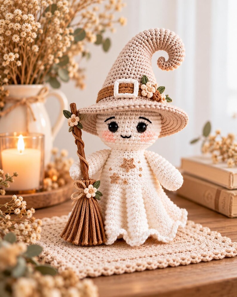 May include: A crocheted ghost doll wearing a beige pointed witch hat with a brown belt and small flowers. The ghost has a white body with embroidered brown stars and holds a brown yarn broomstick decorated with a small flower and green leaves.