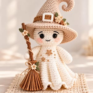 May include: A crocheted doll featuring a cream-colored body with embroidered stars, wearing a tan pointed hat with a white buckle and small floral accents. The doll holds a brown yarn broom decorated with a tiny flower and green leaves.