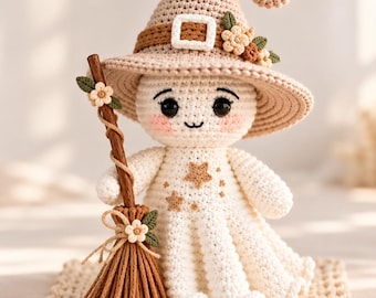 May include: A crocheted doll featuring a cream-colored body with embroidered stars, wearing a tan pointed hat with a white buckle and small floral accents. The doll holds a brown yarn broom decorated with a tiny flower and green leaves.