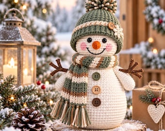 May include: A crocheted snowman figurine featuring a white body with three brown buttons, a green and white striped scarf with fringe, and a matching green beanie with a pom-pom. The snowman has a carrot-shaped nose, black eyes, and twig-like arms.