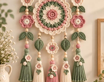 May include: A wall hanging featuring a large central crochet mandala in cream, pink, and sage green. It is suspended from a wooden dowel with hanging strands of crochet flowers, green leaves, wooden beads, and long tassels in pink and cream.