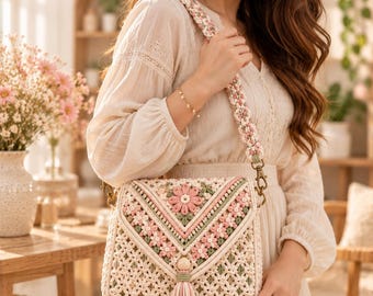 May include: A cream-colored macrame crossbody bag featuring a triangular flap adorned with pink and sage green floral patterns. The bag includes a matching macrame shoulder strap, a central wooden bead, and a decorative tassel hanging from the front.