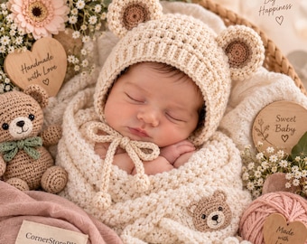 May include: A cream-colored crochet baby bonnet with bear ears and matching swaddle wrap. The set features a small bear face appliqué, a crochet teddy bear toy, and wooden heart-shaped tags with the text "Handmade with Love" and "Sweet Baby".