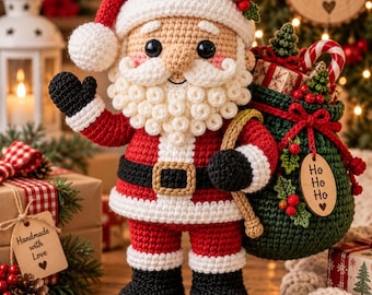 May include: A crocheted Santa Claus doll wearing a red hat with a white pom-pom, a red coat with a white trim, a black belt with a gold buckle, and black boots. The doll has a white curly beard, black eyes, and carries a green sack with the text Ho Ho Ho.