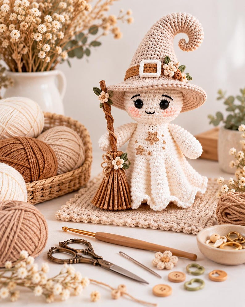 May include: A crocheted ghost doll wearing a beige pointed hat with a buckle and small flowers, holding a brown broomstick. The ghost has black eyes, pink cheeks, and gold star embroidery on its dress. Crafting supplies include yarn, scissors, and buttons.