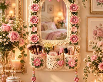 May include: An arched wall mirror featuring a cream-colored crocheted frame adorned with pink flowers, green leaves, and a large pink bow at the top. Below the mirror are three integrated crocheted pockets holding makeup brushes and cosmetics.