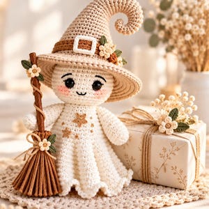 May include: A crocheted ghost doll wearing a beige pointed hat with a buckle and small flowers. The ghost has black eyes, pink cheeks, and a star pattern on its body. It holds a brown broomstick decorated with a small flower and green leaves.