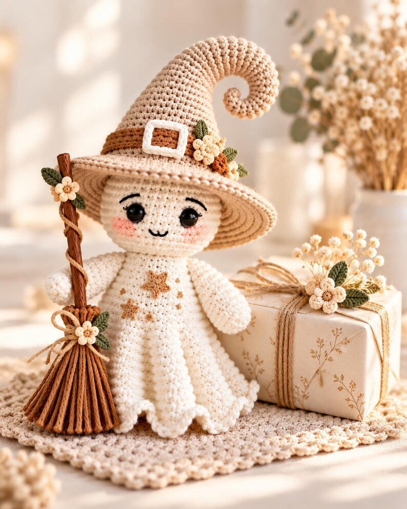 May include: A crocheted ghost doll wearing a beige pointed hat with a buckle and small flowers. The ghost has black eyes, pink cheeks, and a star pattern on its body. It holds a brown broomstick decorated with a small flower and green leaves.