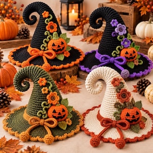 May include: Four crocheted witch hats in black, olive green, and cream, each featuring a curled tip, a decorative bow, and a small jack-o'-lantern pumpkin. The hats are adorned with crocheted flowers and vines in orange, purple, and brown tones.