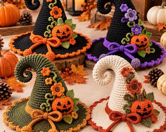 May include: Four crocheted witch hats in black, olive green, and cream, each featuring a curled tip, a decorative bow, and a small jack-o'-lantern pumpkin. The hats are adorned with crocheted flowers and vines in orange, purple, and brown tones.