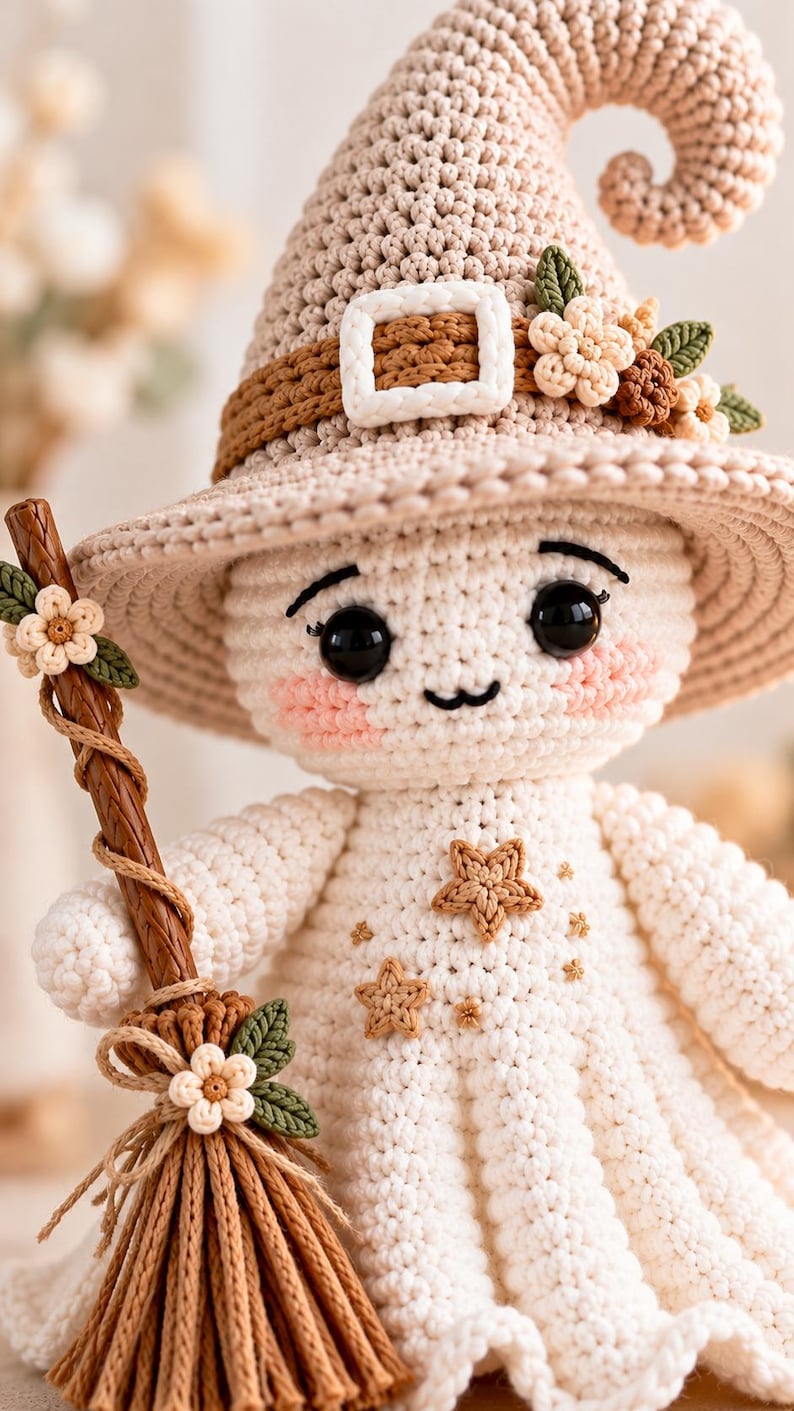 May include: A crocheted doll wearing a beige pointed hat with a brown band, a white buckle, and small fabric flowers. The doll has black eyes, pink cheeks, and a white dress decorated with small brown stars. It holds a brown broom with flowers.