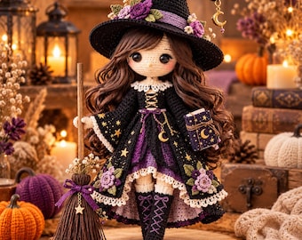 May include: A crocheted doll with long brown hair wearing a black witch hat adorned with purple flowers and a gold moon charm. The doll wears a black and purple dress with gold star accents, holding a small book and standing beside a broom.