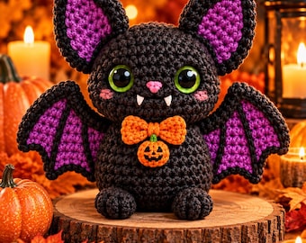 May include: A black crocheted bat plush toy with large green eyes, a pink nose, and two white fangs. The bat features purple inner ears and wing accents, an orange bow tie, and a small orange jack-o'-lantern charm hanging from its neck.