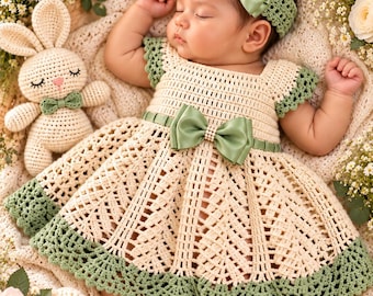 May include: A cream-colored crochet dress with short sleeves and a sage green crochet hem, featuring a sage green satin bow at the waist. A matching sage green crochet headband with a satin bow and a small crocheted rabbit toy are included.