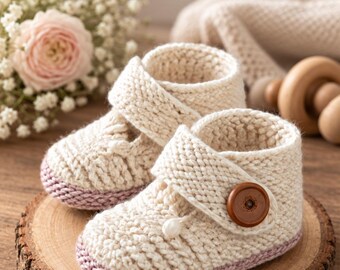 May include: A pair of cream-colored knit booties featuring a textured cable pattern, a single brown button closure on the side, and a soft pink trim along the sole. The booties have a high-top design with a strap that secures over the instep.