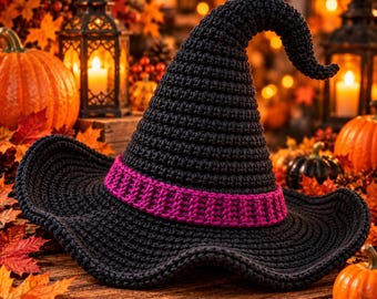May include: A black crocheted pointed hat with a wide, wavy brim and a vibrant magenta band encircling the base of the crown. The hat features a distinctively curved, tapered top section and is crafted with a dense, textured yarn stitch pattern.