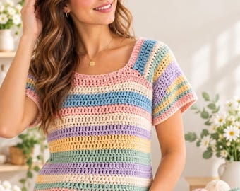 May include: A short-sleeved crochet top featuring horizontal stripes in pastel shades of pink, yellow, light blue, and green. The garment has a square neckline and a textured, open-stitch pattern throughout, paired with light blue denim jeans.