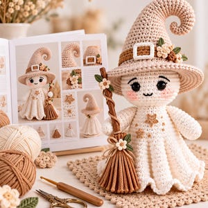 May include: A crocheted doll wearing a beige pointed hat with a buckle and small flowers, featuring a white dress with embroidered stars, holding a brown broomstick. The doll has black eyes, a stitched mouth, and pink cheeks, crafted with yarn.