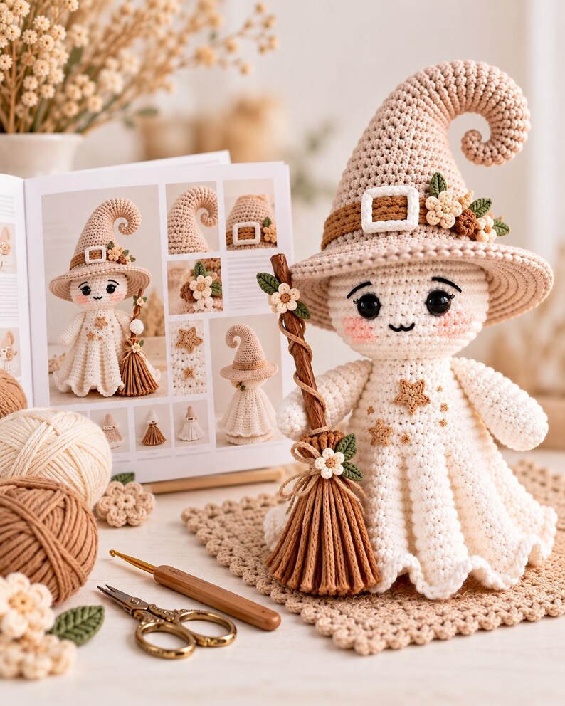 May include: A crocheted doll wearing a beige pointed hat with a buckle and small flowers, featuring a white dress with embroidered stars, holding a brown broomstick. The doll has black eyes, a stitched mouth, and pink cheeks, crafted with yarn.