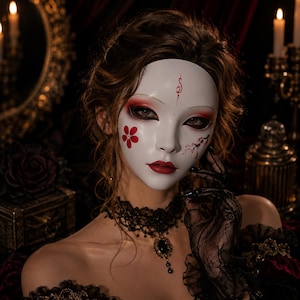 May include: A white face mask featuring a red floral design on the right cheek, a red branch motif on the left, and a red symbol on the forehead. The mask has dark eye openings and red lips, worn with a black lace choker featuring a central dark stone.