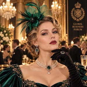 May include: A dark green fascinator with feathers and netting, a three-strand pearl necklace with a central emerald-colored stone and pearl drop, matching emerald-colored drop earrings, a matching ring, and black gloves worn with a dark green dress.