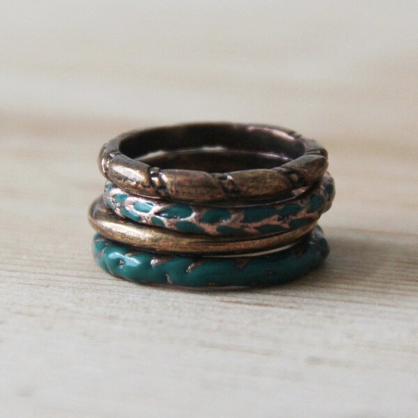 Upcycled stacking rings - Set of four blue and brown stackable rings bands - Size US 7, UK O