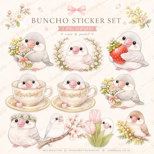 May include: A digital sticker set featuring nine illustrations of small grey and white birds. The birds are depicted with flowers, strawberries, and teacups. The text reads BUNCHO STICKER SET, 9 PNG STICKERS, and cute & pastel on a light background.