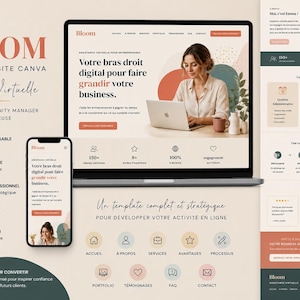 Peut inclure: Un modèle de site web Canva pour assistante virtuelle nommé Bloom, présentant un ordinateur portable et un smartphone avec un design responsive, une palette de couleurs neutres, du texte en français et diverses icônes pour les sections.