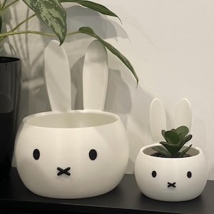 May include: Two white, round ceramic planters shaped like rabbit heads with long ears. Each planter features two black circular eyes and a black cross-shaped mouth. The larger planter is empty, while the smaller one contains a green succulent plant.