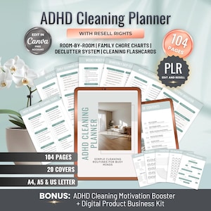 May include: An ADHD Cleaning Planner digital product set featuring 104 pages, 20 covers, and various chore charts in A4, A5, and US Letter sizes. The design includes sage green accents, text labels, and a bonus motivation booster kit.