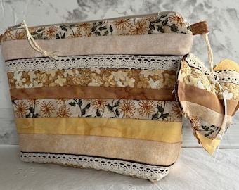 Grateful Heart Zipper Cosmetic Bag Scrappy Quilted - Earth tones