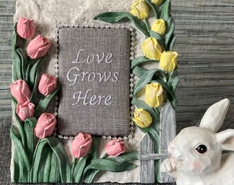 Love Grows Here Embroidered Sign, Floral Frame Sign