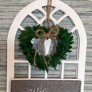 Welcome Embroidered Sign, Arched Window Wreath Wall Hanging Handmade Gift