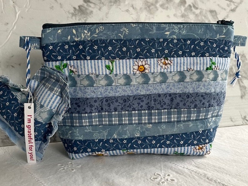 Grateful Heart Zipper Cosmetic Bag Scrappy Quilted Blues image 1