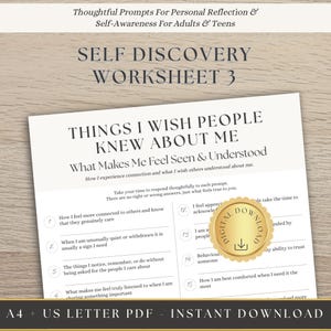 Op de afbeelding: Een zelfontdekkingswerkblad getiteld Things I Wish People Knew About Me, met genummerde vragen voor persoonlijke reflectie. Het document bevat een gouden zegel voor digitale download en is beschikbaar in A4- en US Letter-PDF-formaten voor afdrukken.