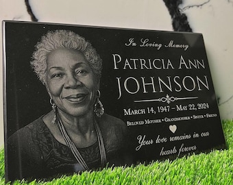 Custom Photo Engraved Black Granite Memorial Stone: Personalized Grave Marker