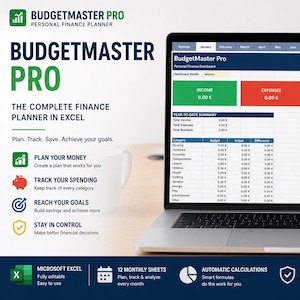 Könnte beinhalten: Ein Laptop mit dem BudgetMaster Pro Finanzplaner in Excel. Der Bildschirm zeigt ein Dashboard mit Einnahmen, Ausgaben, verfügbaren Mitteln und Sparquote sowie eine Zusammenfassungstabelle für das Jahr mit verschiedenen Kategorien.