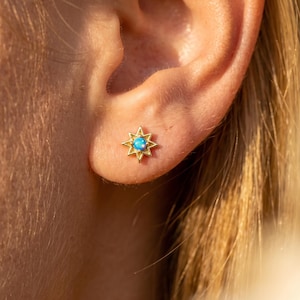 Opal Star Stud Earrings | Gold Celestial Starburst Studs | Blue Opal Tiny Earrings | Dainty Gold Jewelry | Gift for Her | North Star Studs