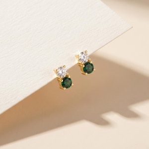 Dainty Emerald Green & Clear CZ Stud Earrings | Sterling Silver Double Stone Studs | Minimalist Two Stone Earrings | May Birthstone Gift