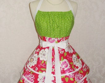 Flirty Chic Pinup Apron Halter Style in Hot Pink and Lime Green with triple Skirts Sexy Womens Apron - Ready to Ship