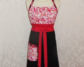 Retro Flirty Chic Chef Apron Halter Style in Red and Black with Hearts Cute Womens Kitchen Apron - Ready to Ship